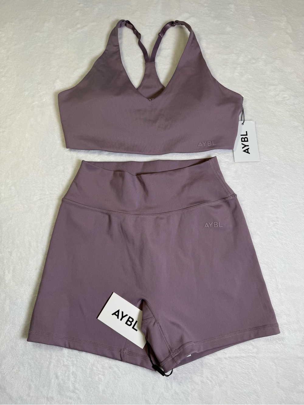 AYBL Mauve Purple  Sports Bra & High-Waist Bike Shorts Set NWT